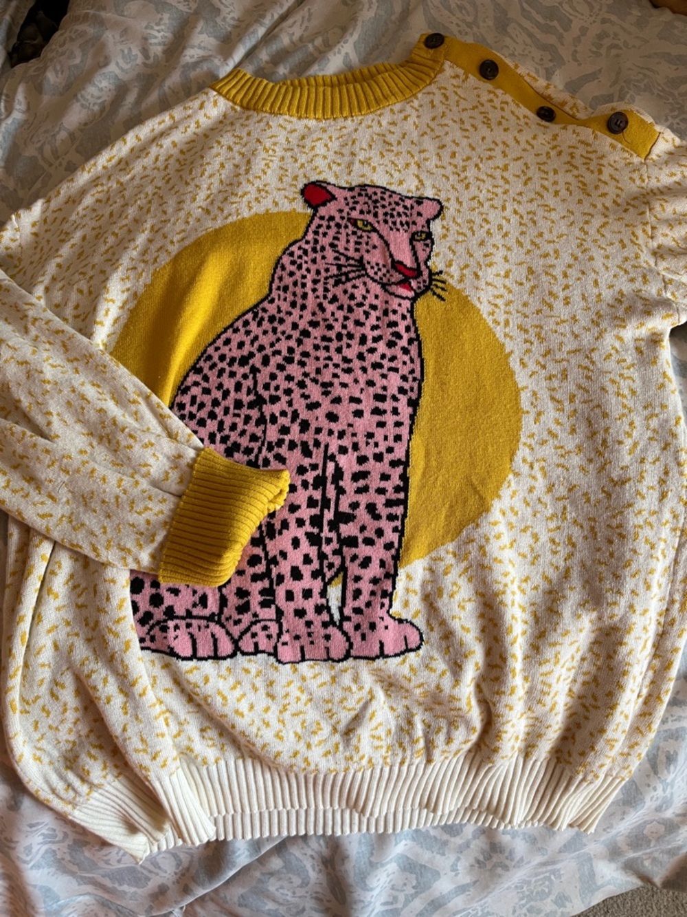 Women’s Cream Sweater with Pink Leopard and Yellow Accents